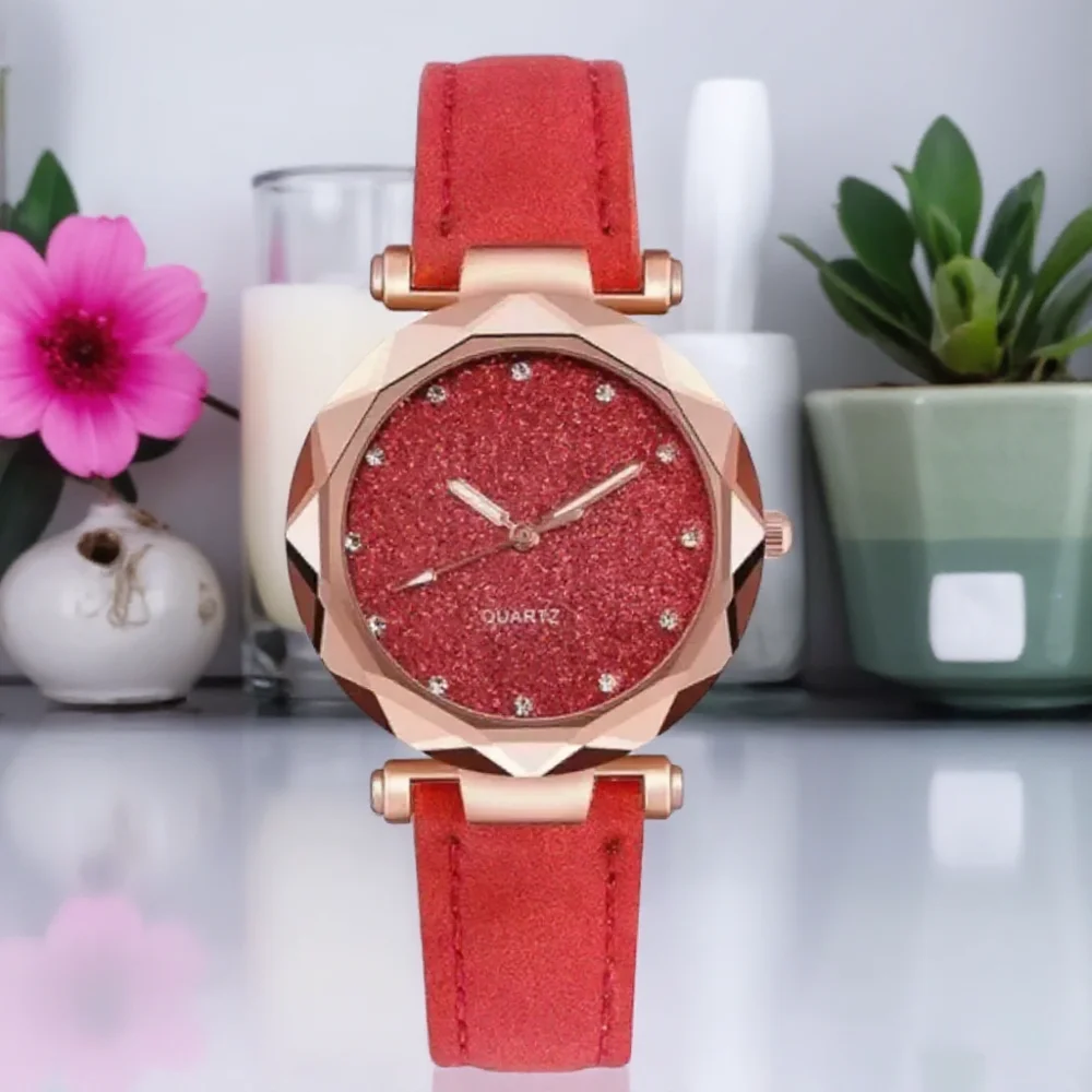 

Женские модные часы с кожаным ремешком, матовый циферблат, бриллианты, звездный дизайн, кварцевые часы с золотым краем, разноцветные