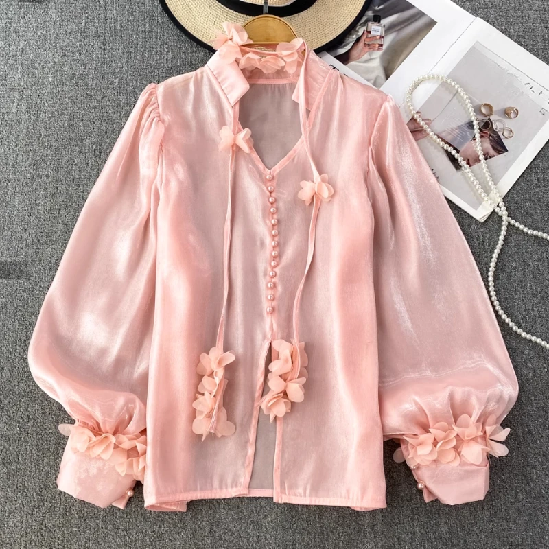 

Spring Autumn Shirts Lantern Sleeve V Neck Solid Color Lace Up Design Blouses Fashion Elegant Tops All Match 2025 Women Clothing