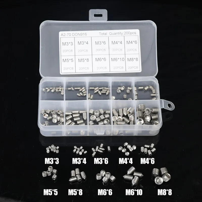 200x سداسية من الفولاذ المقاوم للصدأ مجموعة مقابس المسمار مخروط نقطة المسمار مع صندوق M3 M4 M5 M6 M8 لأدوات الصيانة المنزلية الدقيقة