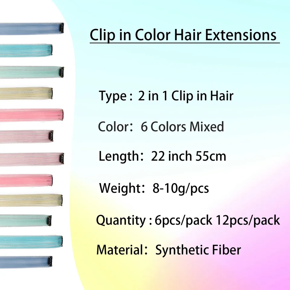 Extensiones de cabello con clip multicolor con tinsels, extensiones de colores, 2 en 1 cabello arcoíris con tinsels plateados para niños y niñas 2