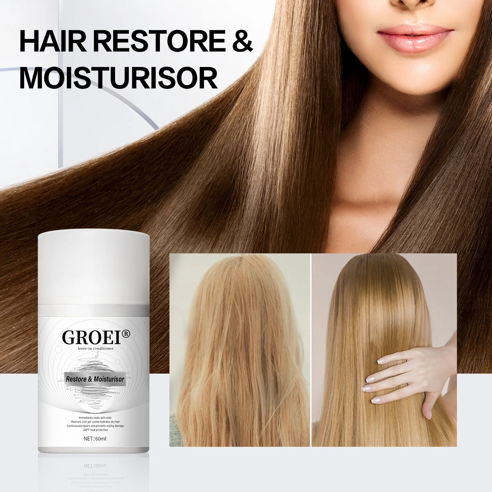 

GROEI Leave-In Hair Conditioner 60ml - Repair Split Ends, Moisture Gel-Creme, Natural Plant Essence for Damaged & Dry Hair