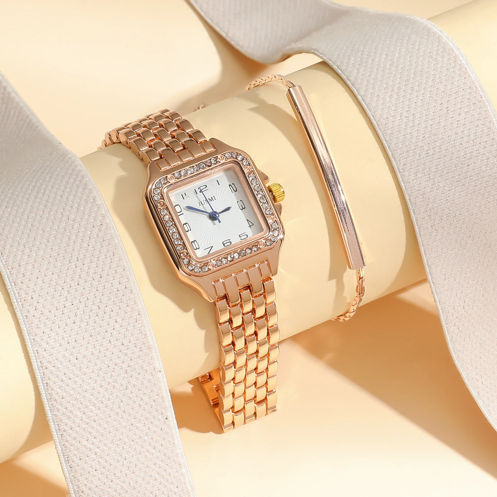 Fashion Square Diamond Roman Steel Belt Quartz Watch Bracelet