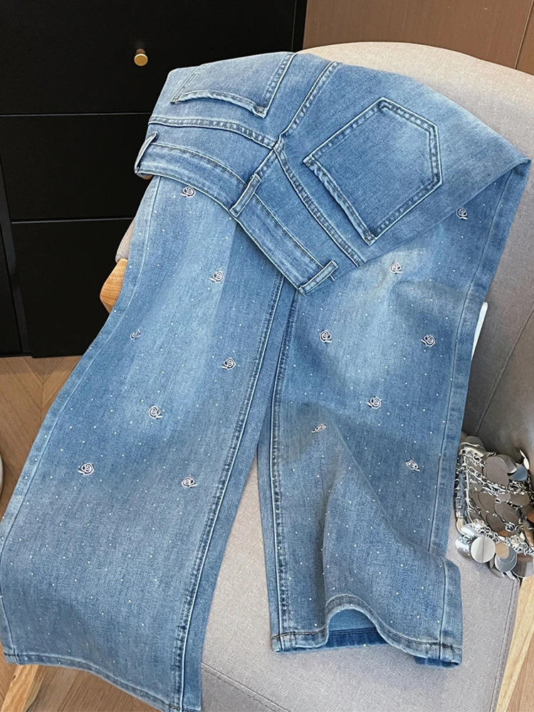 Fashion Rhinestone Pendant Design High Waist Wash Jeans Women's Summer Loose Slimming and All-Matching Straight-Leg Pants