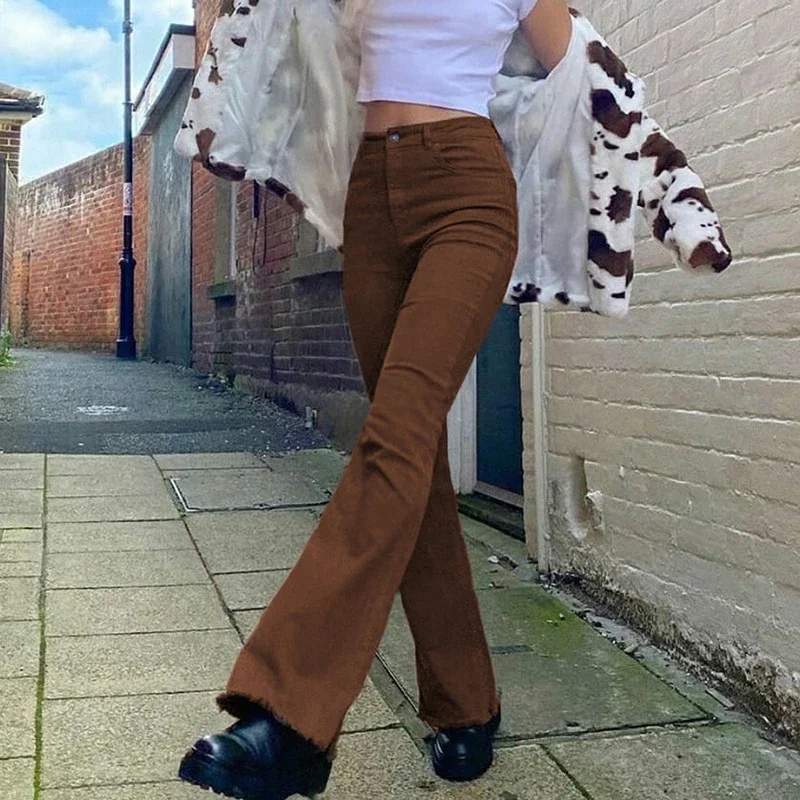 

Women's Fashion Classic Flared Trousers High Waist Retro British Brown Jeans Stretch Korean Pocket Casual Women's Pants Clothes