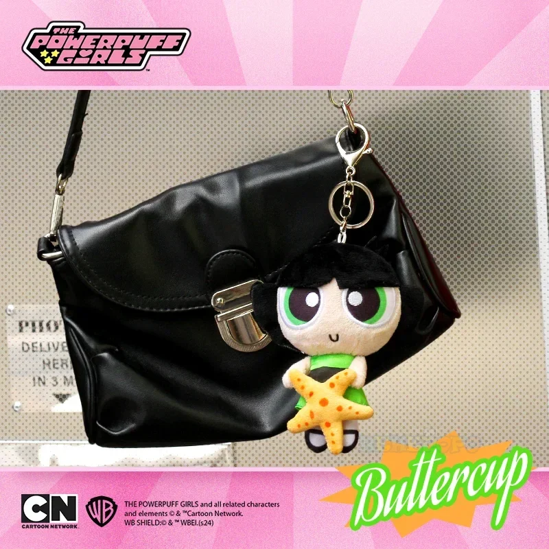 Genuíno 12-13cm powerpuff meninas 2-1 chaveiro de pelúcia bolhas buttercup boneca pingente bonito menina coração saco pendurado decoração moe