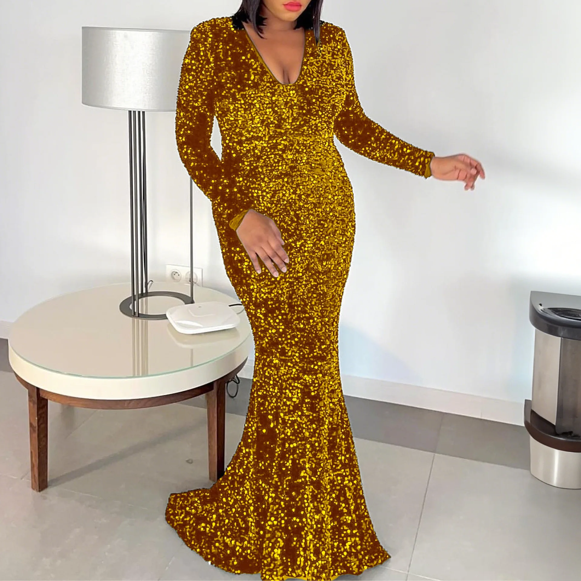 2025 African Dresses for Women Summer Sexy Long Sleeve Fashion Sequins Maxi Dress Africa Clothing African Women Pencil Dresses