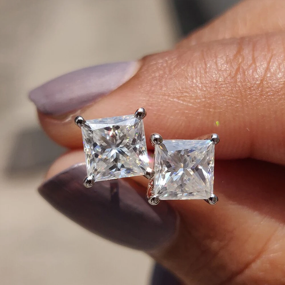 2‑Carat Princess‑Cut Square‑Shape Moissanite Stud Earrings for Women Men, Classic 925 Sterling‑Silver Fine Jewelry, Ideal Gift for Him Her