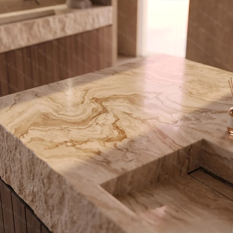 Maßgefertigtes Vintage-Travertin-Doppel-Unterbauwaschbecken, luxuriöser Naturstein-Badezimmerschrank, Villa-Wohnmöbel, hochwertig