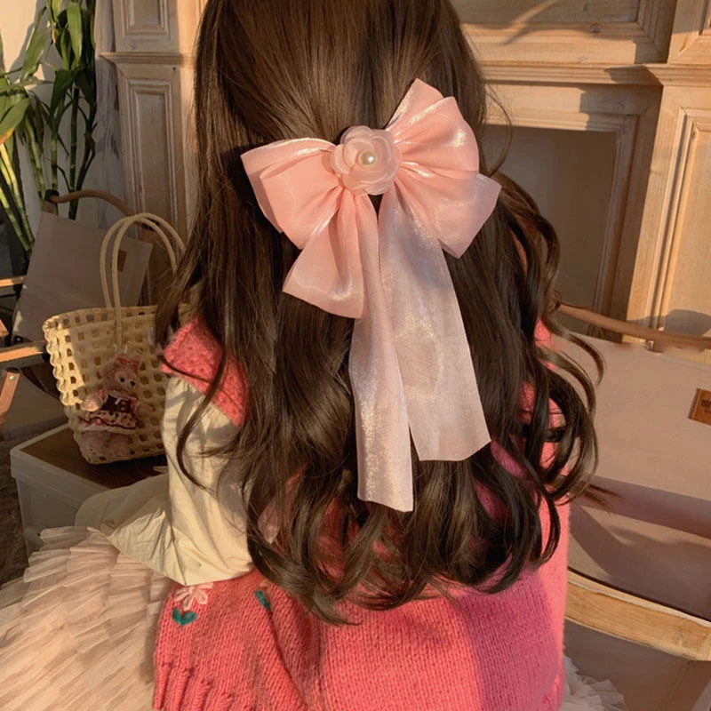 Elegant Ribbon Camellia Flower Bow Hair Clip For Women Girls Solid Color Spring Clip Fashion Headband Sweet Hair Accessories