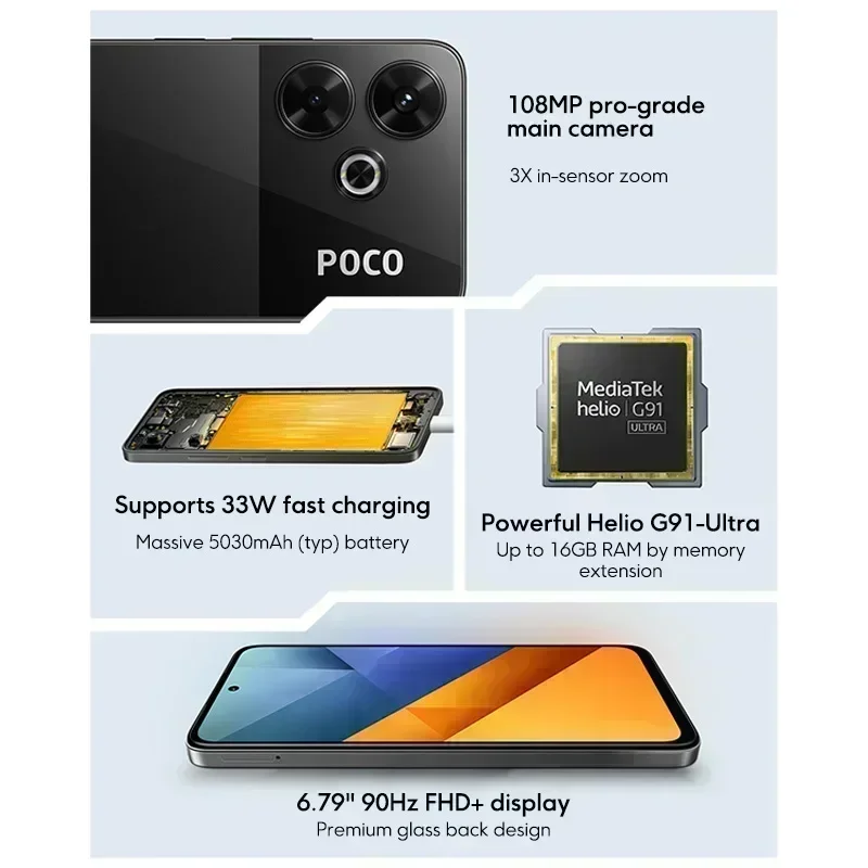 POCO-M6プログレードのスマートフォン,グローバルバージョン,helio g91,超音波108mp,メインカメラ,33w,急速充電,5030mahバッテリー,[ワールドプレミア]