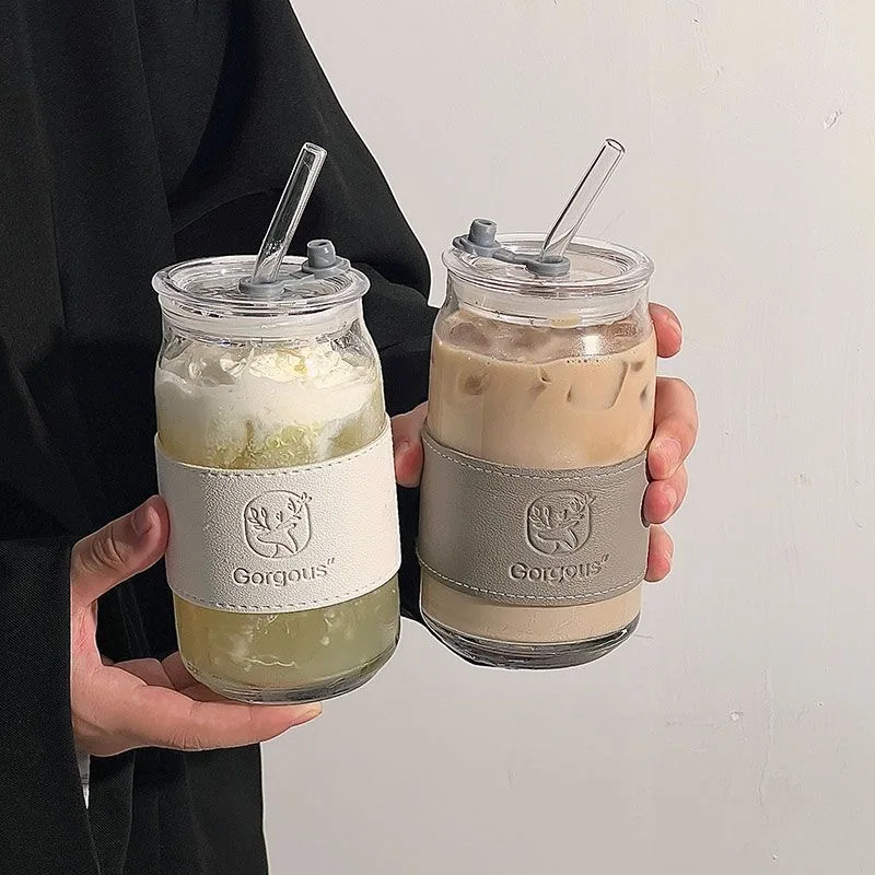 

Glass Straw Cup with Lid - Insulated Tumbler for Breakfast Coffee Milk Coke, Leakproof Drinkware for Home Office, Cute Gift Set