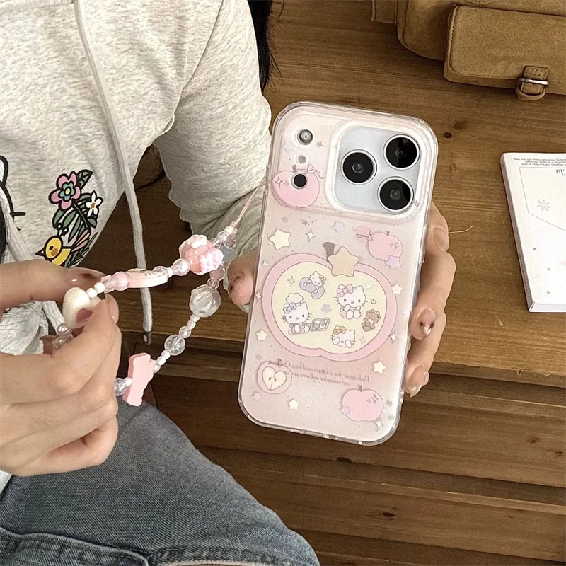 Funda de teléfono Hellokitty rosa bonita coreana para iPhone 17 Pro 14 15 16 Pro Max con cadena de mano Fundas protectoras a prueba de golpes