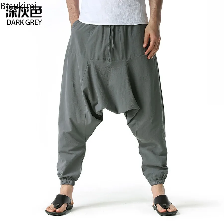 Pantalones cruzados elásticos con bolsillo grande para hombre, pantalones bombachos informales holgados, cómodos, para Yoga y el hogar, primavera y verano, 2024