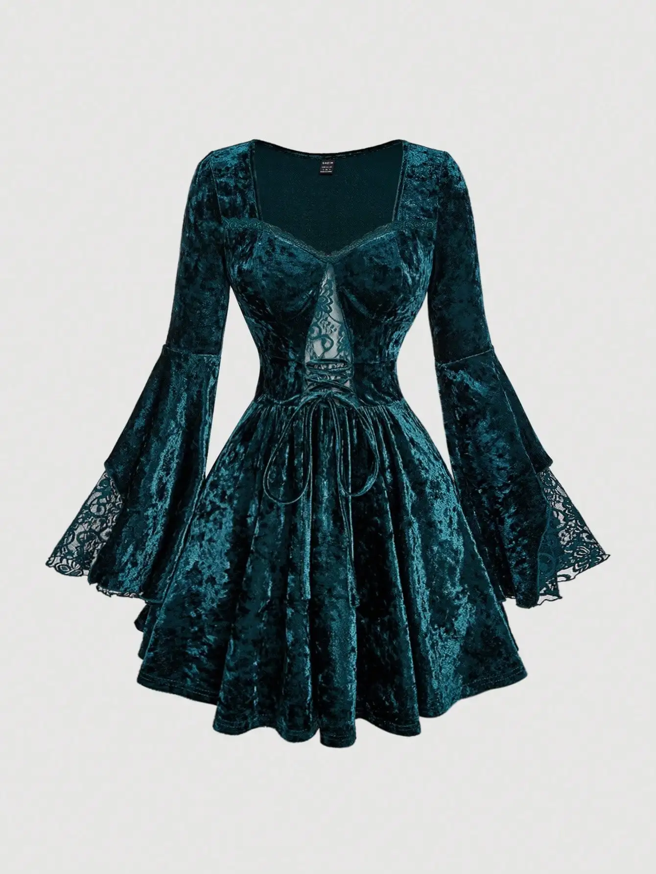

Velvet Lace Patchwork Drawstring Ruffle Hem Mini Dress For Women