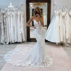 Brilliant Mermaid Wedding Dress Glitter Tulle Lace Applique V Neck Sleeveless Bridal Gowns With Spaghetti Sexy Backless