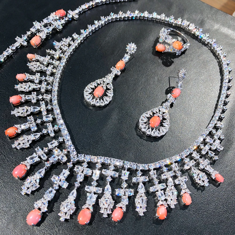 

GODKI Lovely Real Pink Coral African Jewelry Sets For Women Wedding Full Micro Cubic Zirconia Dress Necklace Earring Sets