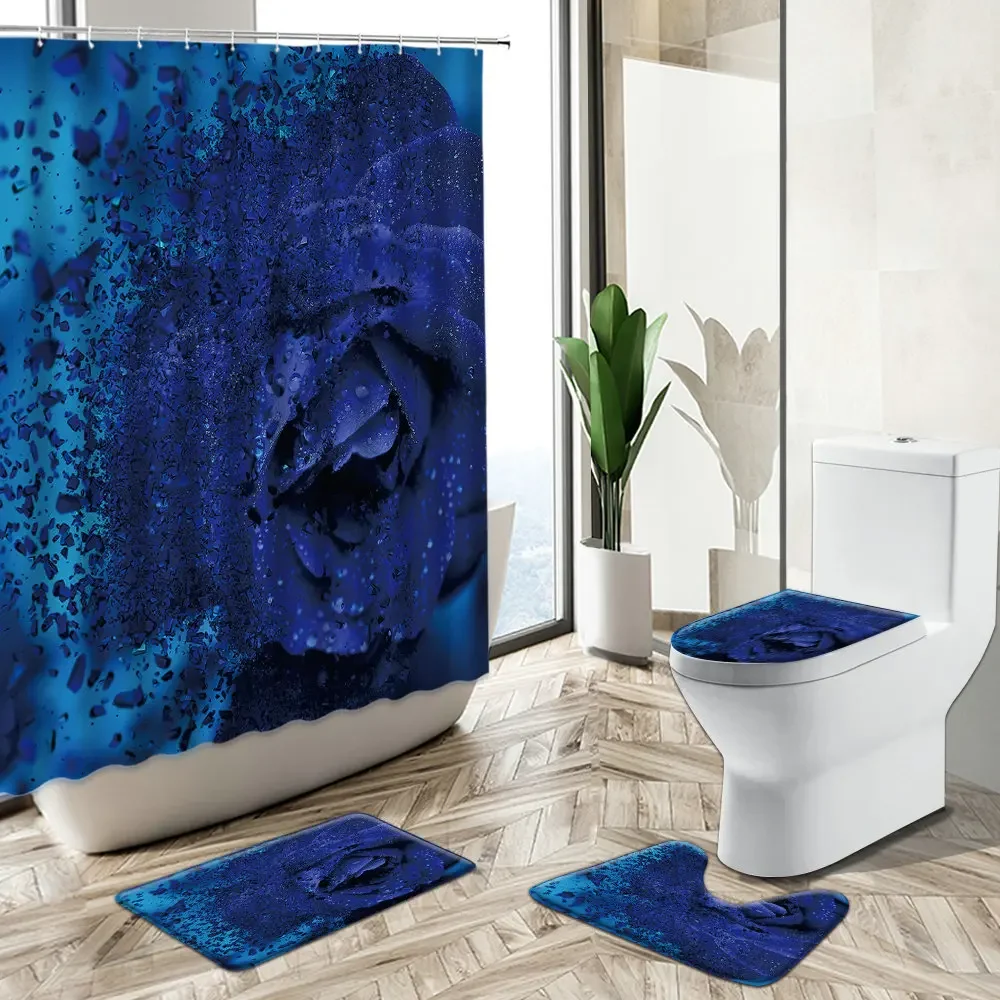 3D Rose Bathroom Curtain Set Nature Flowers Creative Water Floral Waterproof Shower Curtains Toilet Cover Mat Non-Slip Bath Rug