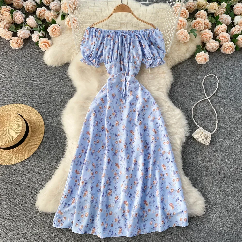 

Women Floral Dress bohemian A-Line slash neck short sleeves dress summer vintage beach off shoulder Polka Dot Sundress