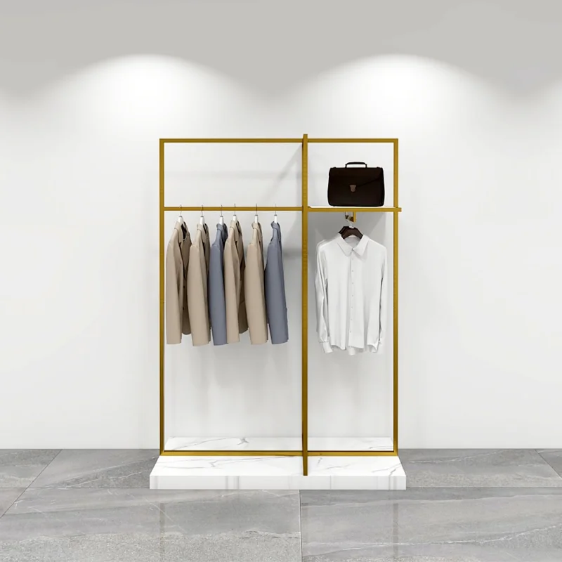 Floor Standing LED Display Stand Rack, Design de loja de roupas, Janela Showcase Fixture, Ouro rosa, loja de roupas, personalizado