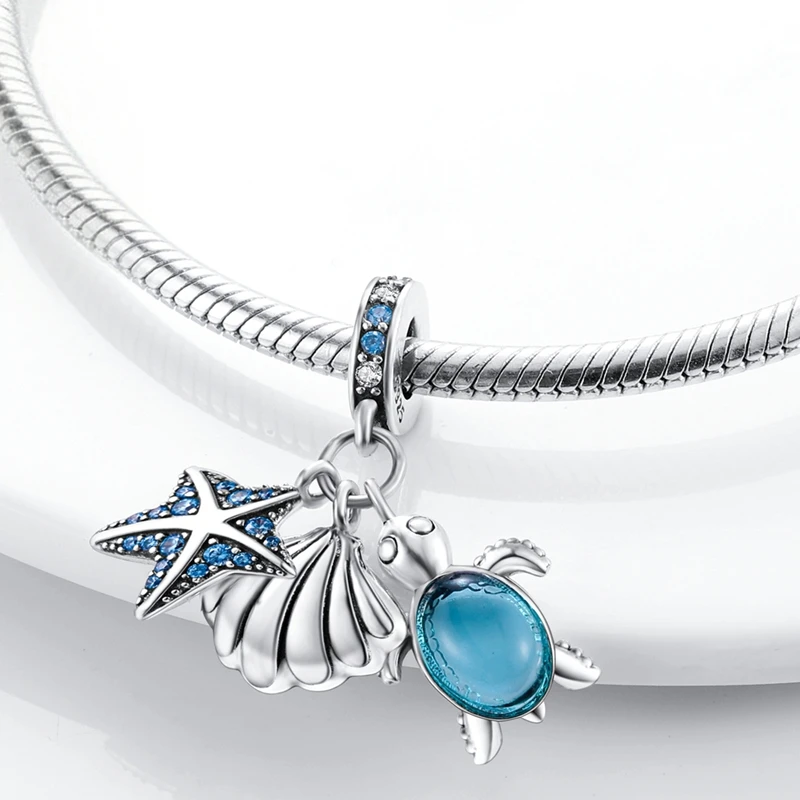 Potdemiel 925 pure silver blue pendant - whale, shark, turtle, dolphin, seahorse, string style - original bracelet accessory