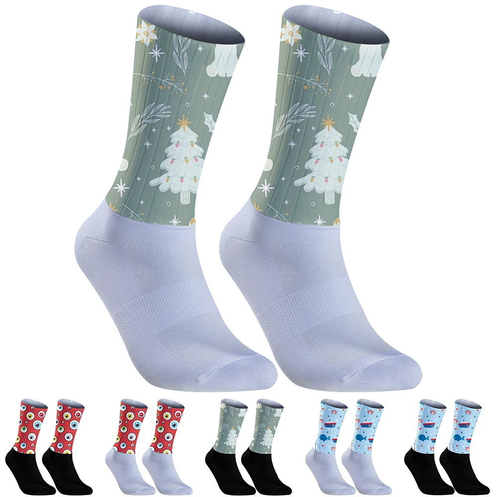 

2024 New Cycling Aero Socks For Anti-Slip Silicone White Line Cycling Sports Running Socks Christmas