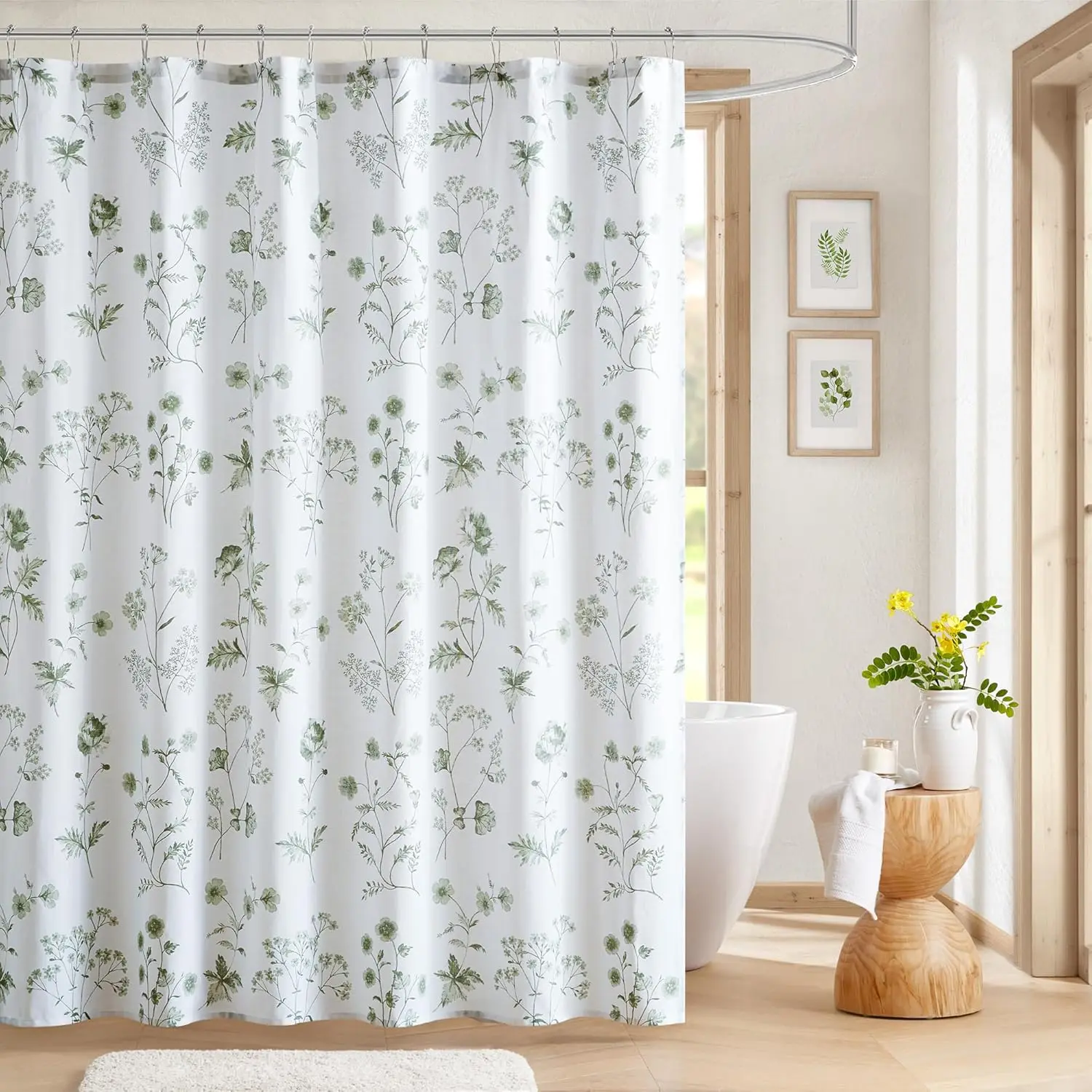 

Botanical Floral Print Cotton Shower Curtain for Bathroom, Spa Quality Modern Standard Size 72x72 Sage Green