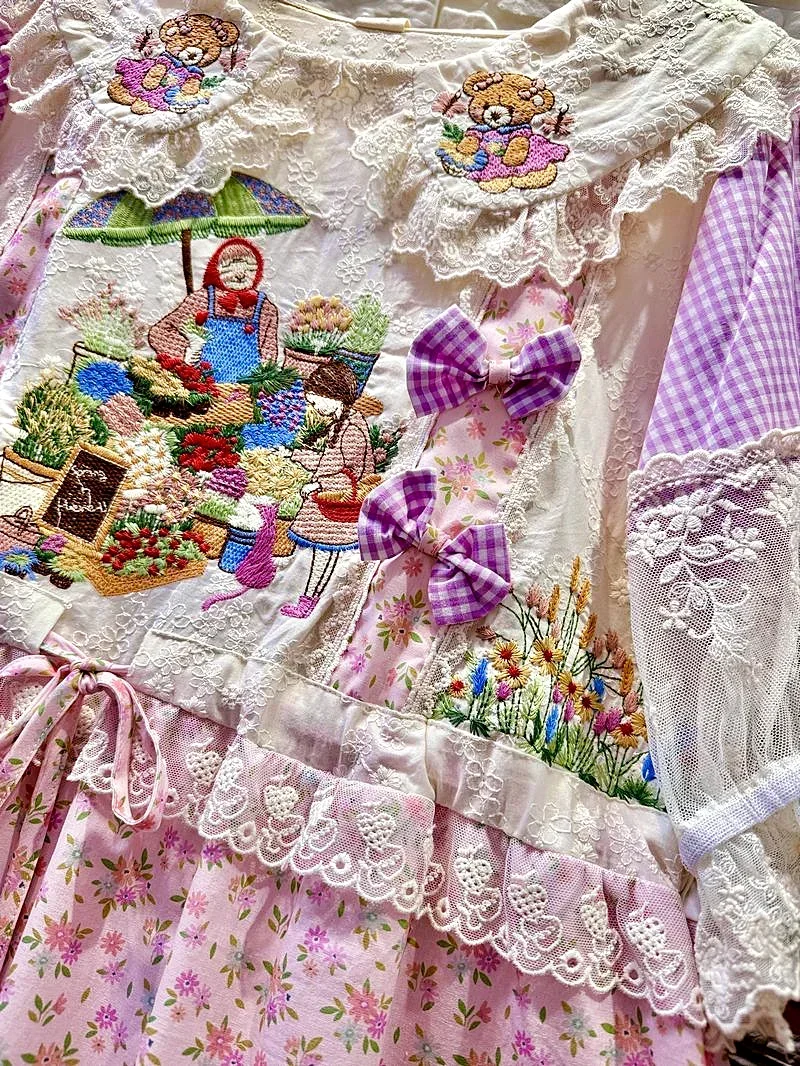 Robe mi-longue en dentelle à volants en coton vintage, tunique rétro chic, douce robe de soirée en dentelle patchwork, robe longue Lolita japonaise Mori Girl, été