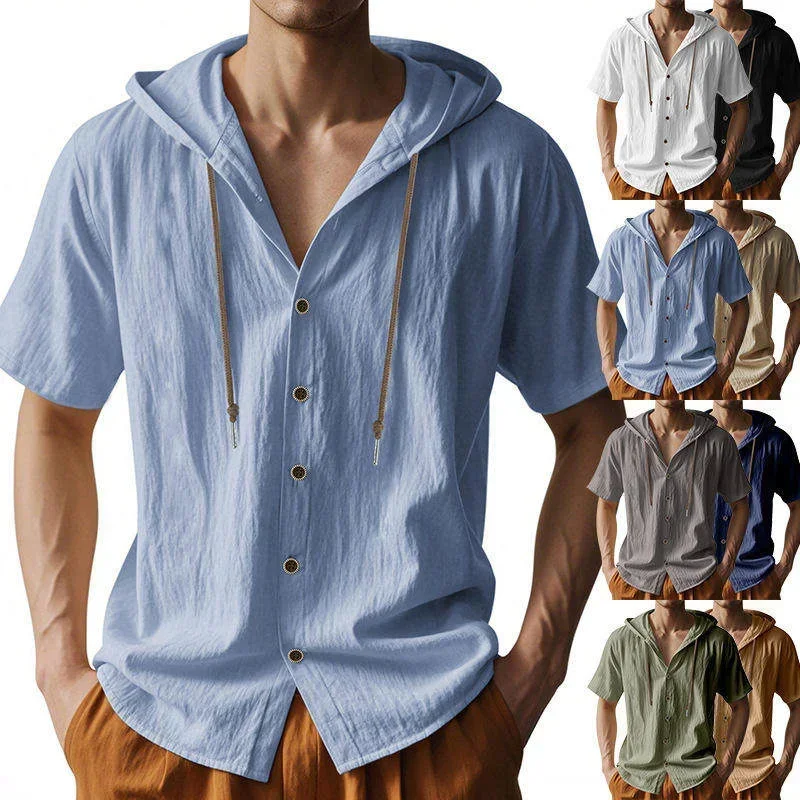 Men Summer Hooded Short Sleeve Shirt, Lightweight Breathable Loose Drawstring Button‑Down Beach Casual Tops