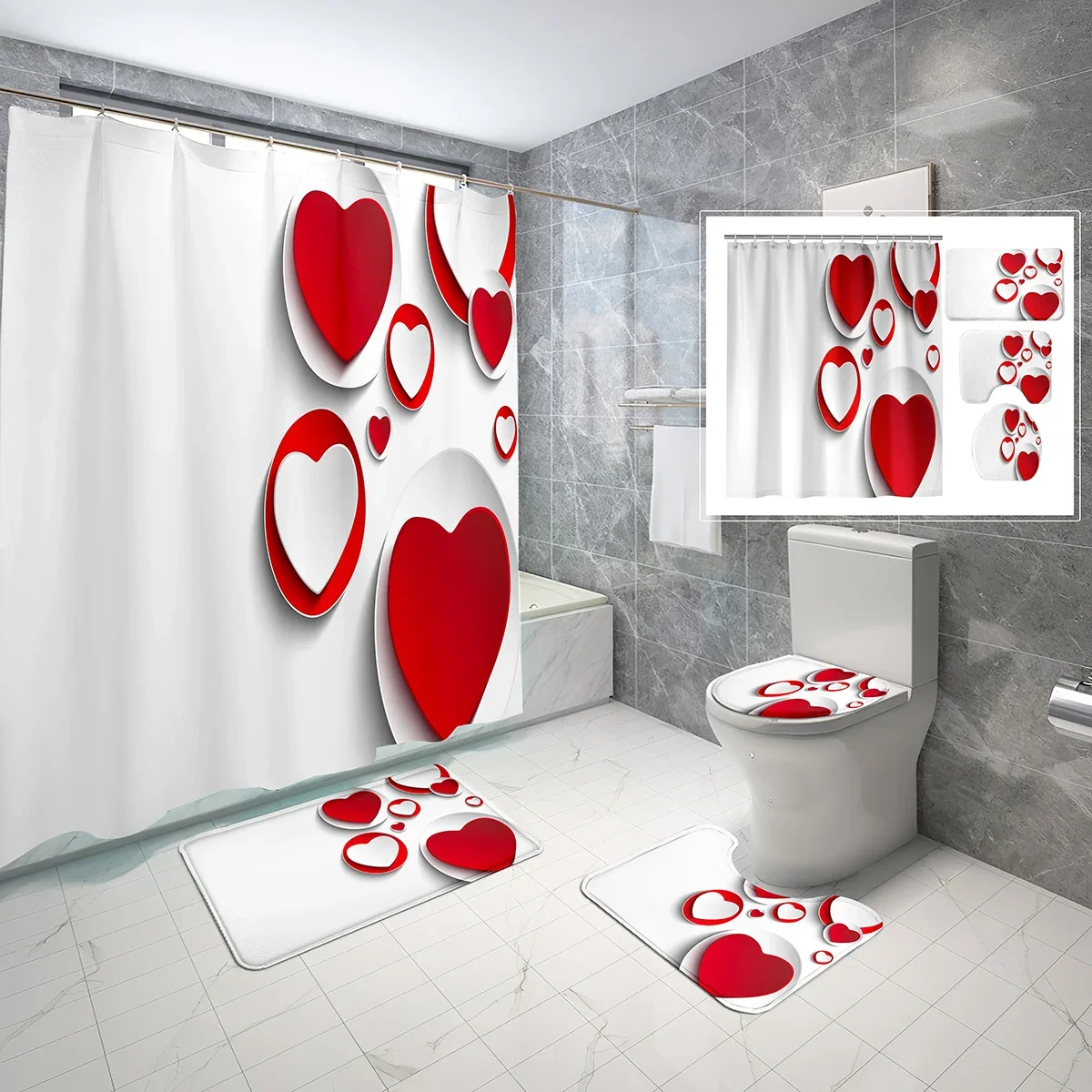 4 PCS  Hearts Love Shower Curtain Set Valentine Day Romantic Heart Shower Curtain Bathroom Non-Slip Bath Mat Toilet Cover