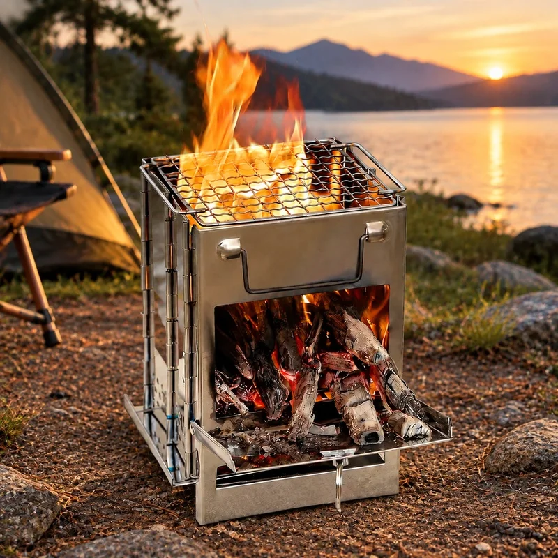 Portable Mini Charcoal Grill and Foldable Stainless Steel Wood Stove for Outdoor Camping