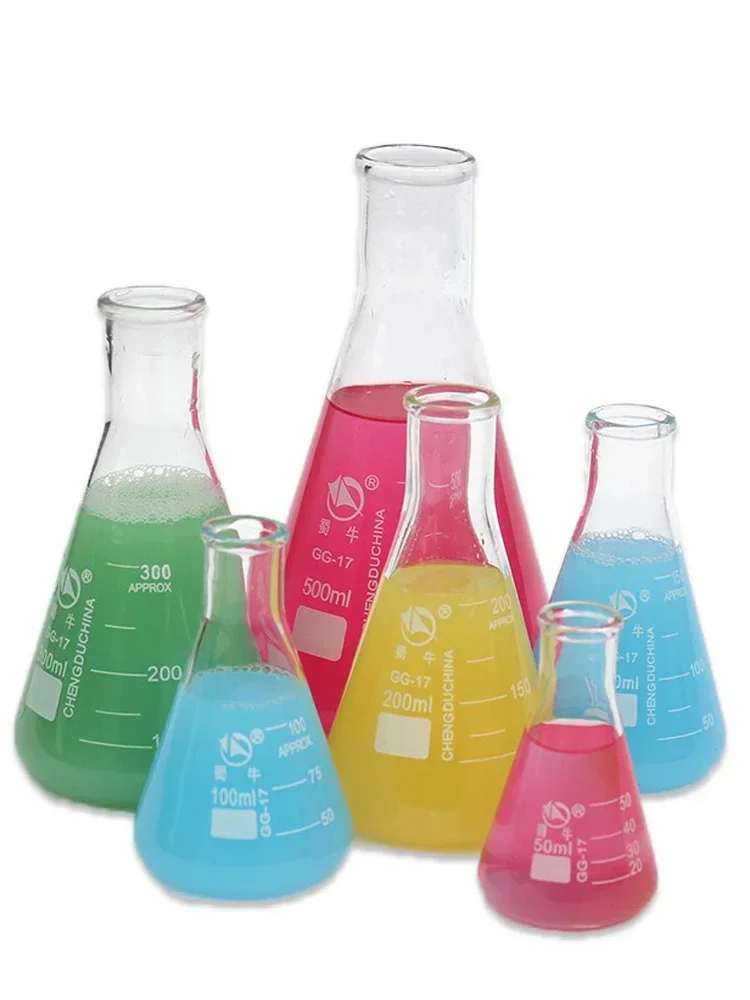 قارورة لينمير زجاجية ، قارورة مخروطية ، قارورة مثلثة للمختبر ، فم صغير مستقيم ، 50-49: 1: لكل قطعة #1
