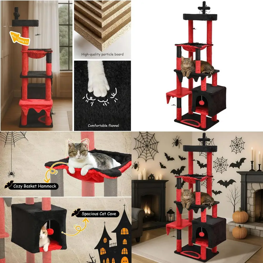 

Halloween Gothic Cat Tree, 66 Tall, Sturdy Furniture with Bed, Hammock, Toys, Scratching Posts (Black & Red)