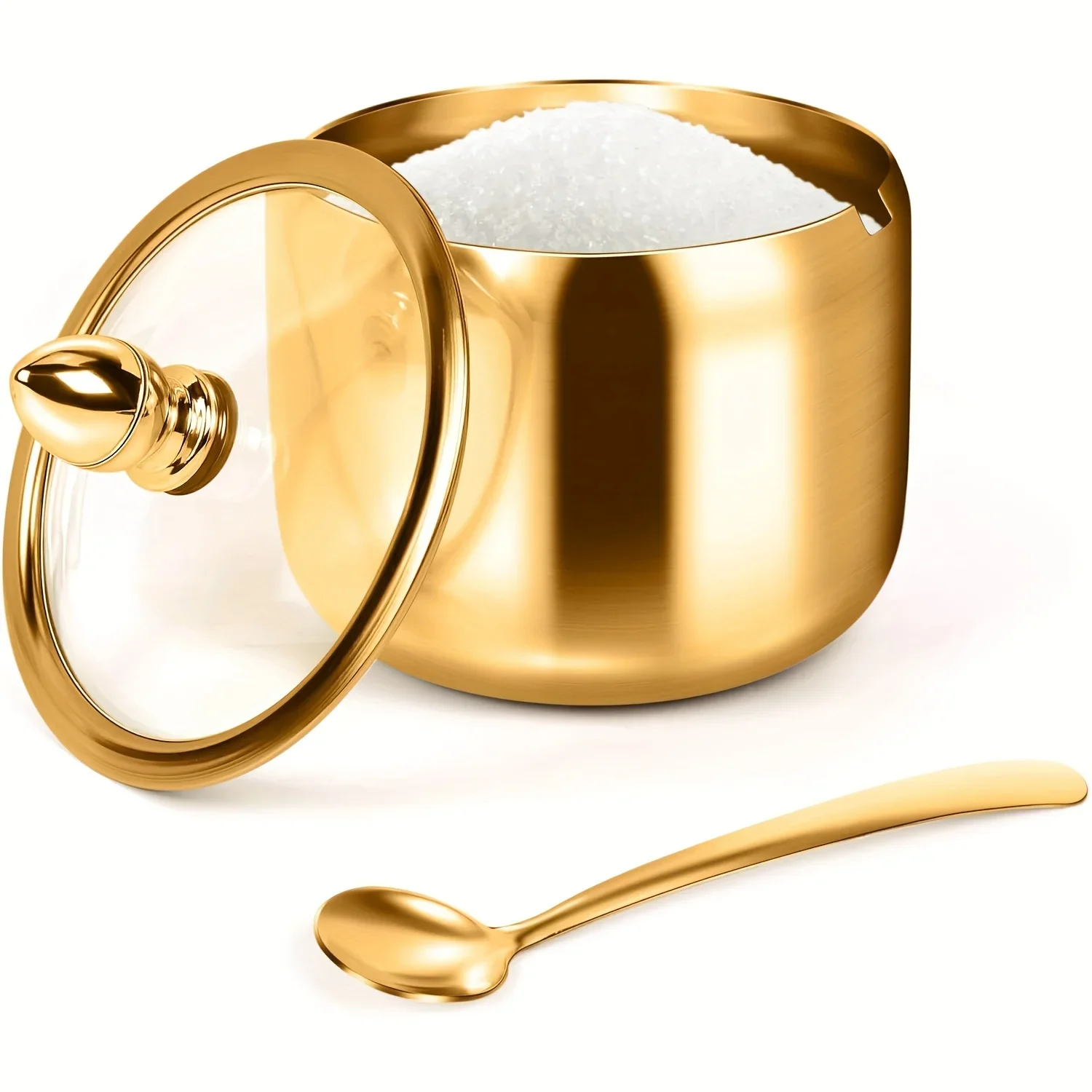 Goldene Edelstahl-Zuckerdose Gewürzbehälter mit Glasdeckel und Löffel für Kaffeebar und Küchenlagerung – Detail 1