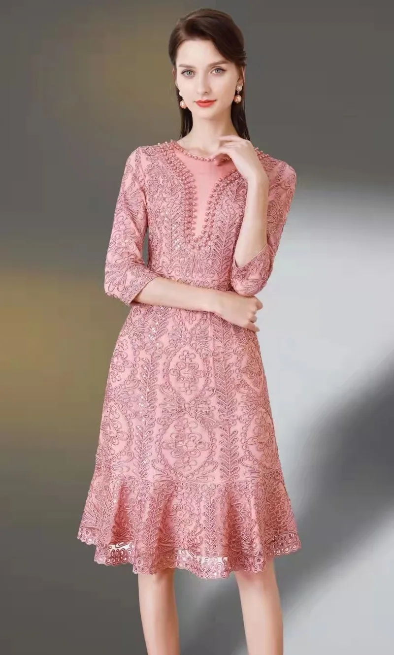 

Vestidos De Fiesta 2022 Spring Summer Party Bride Mother Women Allover Luxurious Embroidery Beading 3/4 Sleeve Pink Red Dress