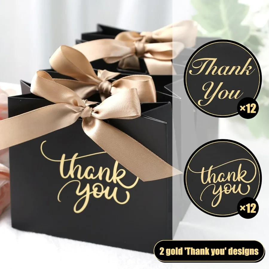24 pçs obrigado sacos de presente 4.5x3.9x1.8 polegadas mini festa favor sacos preto caixas de deleite com fita arco para casamento nupcial bebê sho