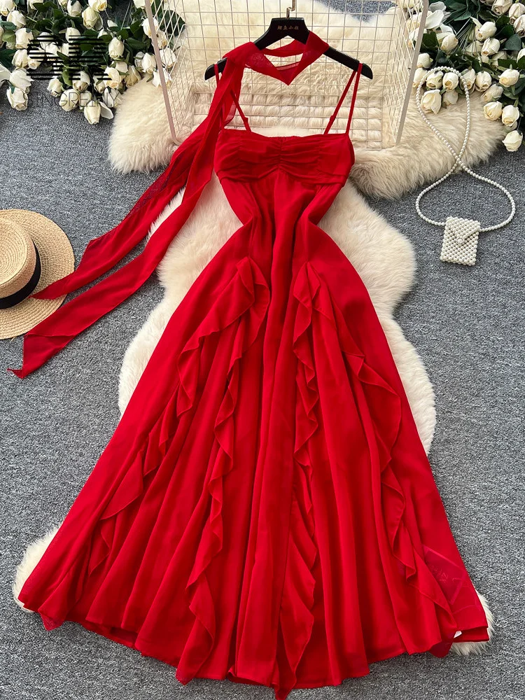 red flowy summer dress SINGREINY Chiffon Vacation French Style Sleeveless Ruffle Slim Ladies Backless Hotsweet A-line Long Dress short red beach dress