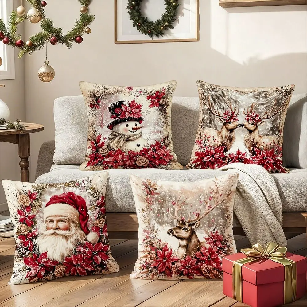 Short Christmas Pillow Cover Hidden Zipper Festive Print Throw Pillow Cover Soft Texture Square Shape Square Cushion Case