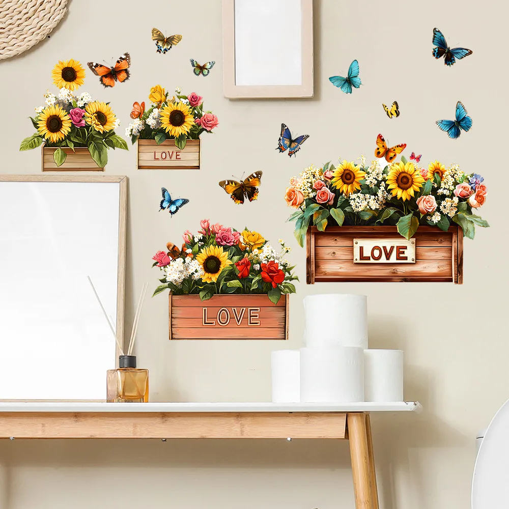 Painted Flower Box Sunflower Butterfly Wall Stickers Bedroom Living Room Wardrobe Furniture Home Decor Window Decals