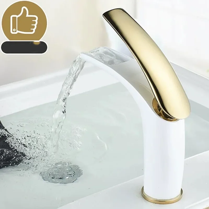 

White Brass Basin Faucet Gold Open Type Waterfall Bathroom Sink Mixer Tap Cold Hot Water Tall/Low Adjustable Modern Design