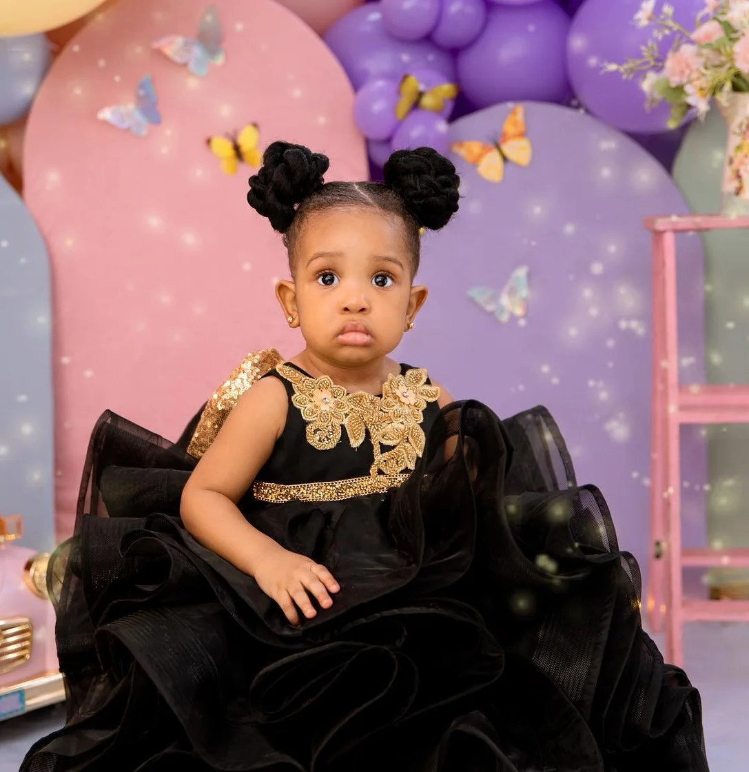 New Black Birthday Party Dresses for Girls Gold Beading Flower Girl Dresses Kids Little Princess Ball Gowns for Wedding