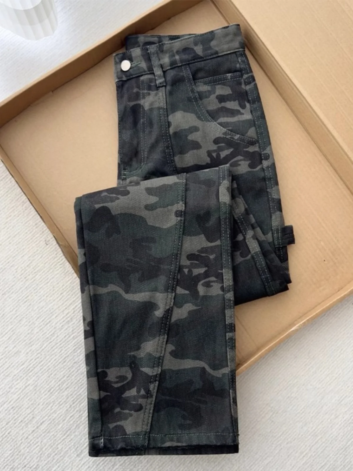 

American Retro Camouflage Men's Jeans Spring Autumn OOTD Deconstructed Pants Slimming Le Blade Workwear Jeans