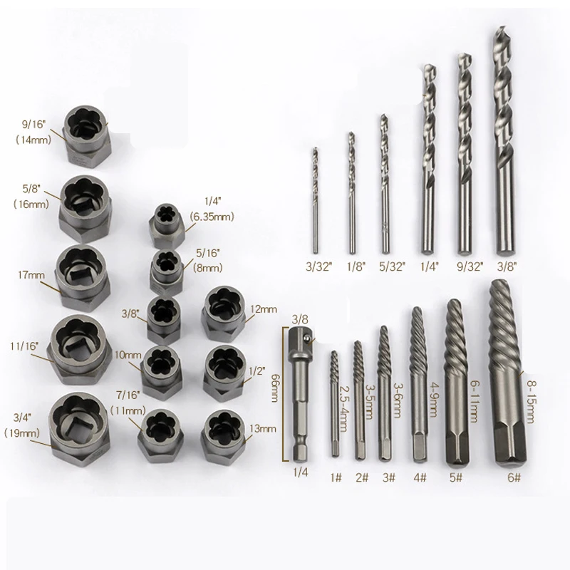 Ensemble d'outils flacon de boulons d'écrou cassé, forets métalliques cassés, enlever le fil, outils à main glissants, réparation de vis endommagées, 26 pièces