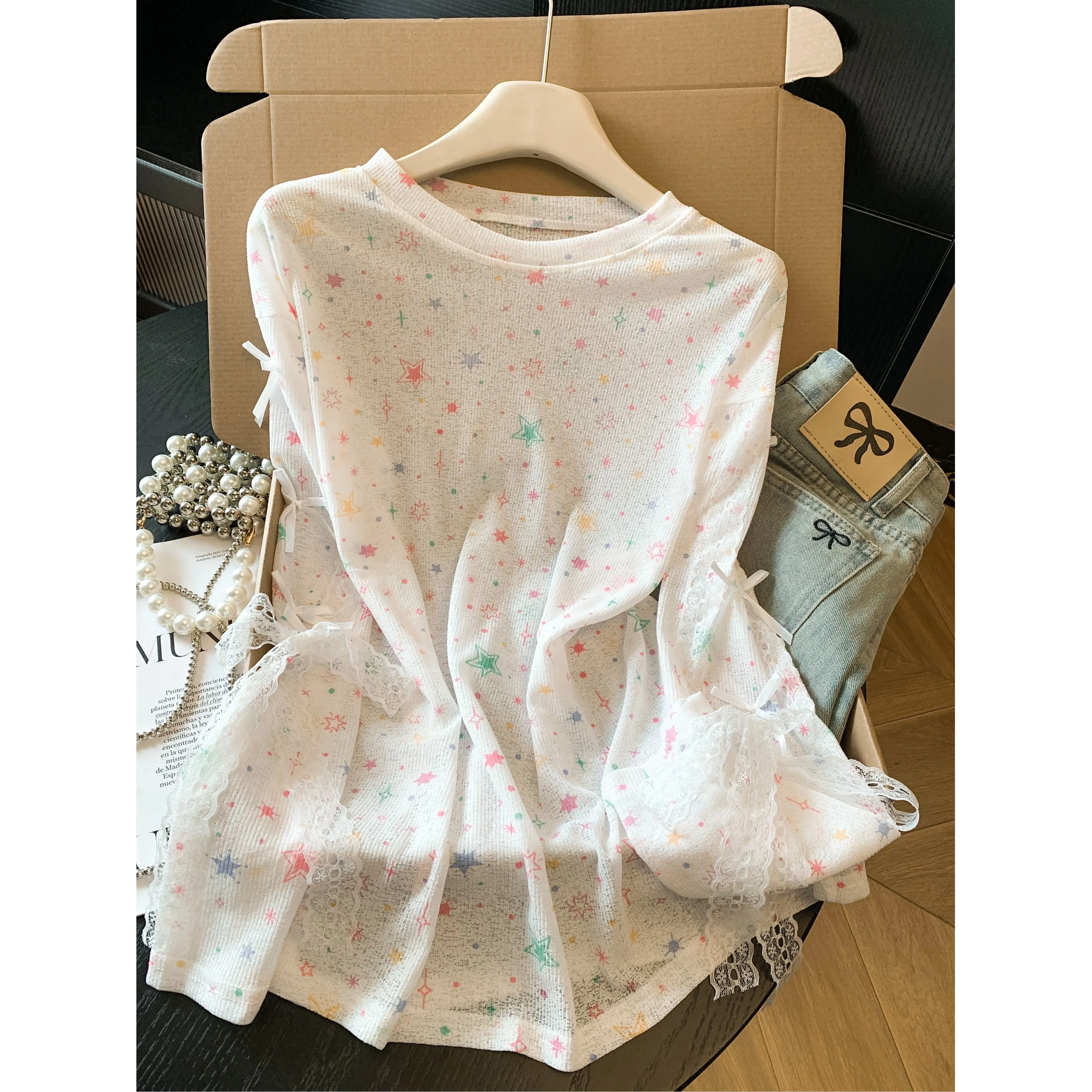 

Dopamine Star Long Sleeve Women's T-shirt Summer Loose Knot Design Sun Protection Casual Style Soft Knitted Top