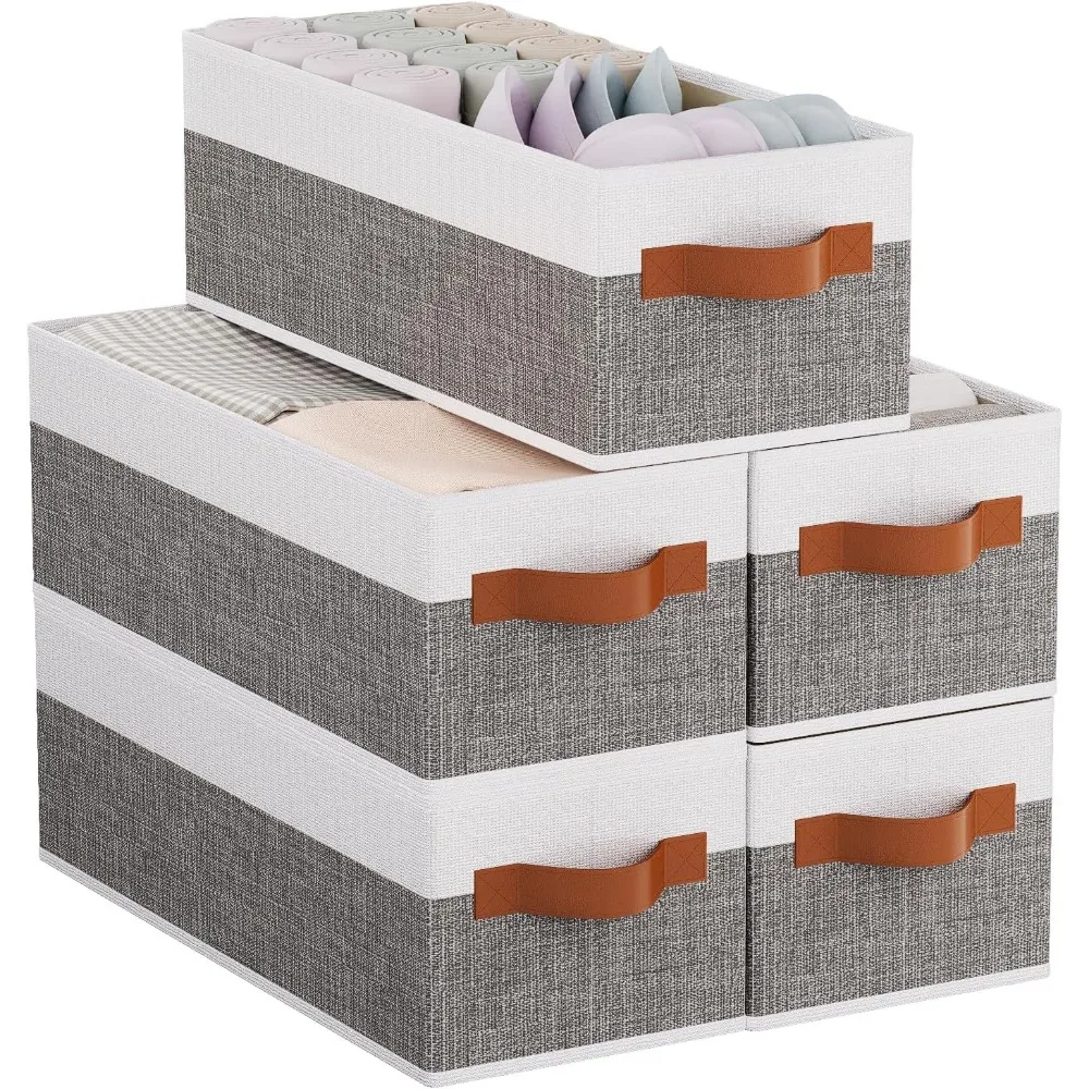 5 عبوات من سلال التخزين القابلة للطي، مكعبات تنظيم الأقمشة مع مقابض لمناشف الملابس، أبيض رمادي 15 × 6 × 5 بوصة