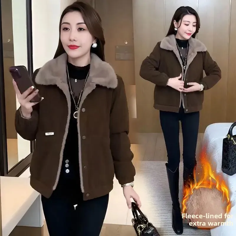 

Women's Corduroy Fce-Lined Jaet ort Thiened Loose Casual Sle Autumn Winter New Arrival for Middle-Aged Mothers