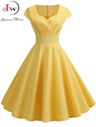 Summer Dress Women Short Sleeve Hepburn 50s 60s Vintage Pin Up Rockabilly Dress Robe Elegant Evening Party Dress
