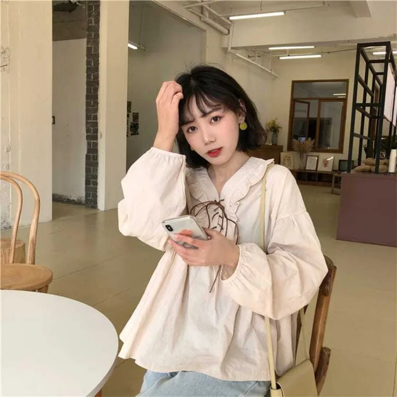 Lace-up Women Shirt Korean Long Sleeve Top Female Autumn V-neck Fashion Woman Blouse 2024 Ruffles Loose Solid Japan Clothes New