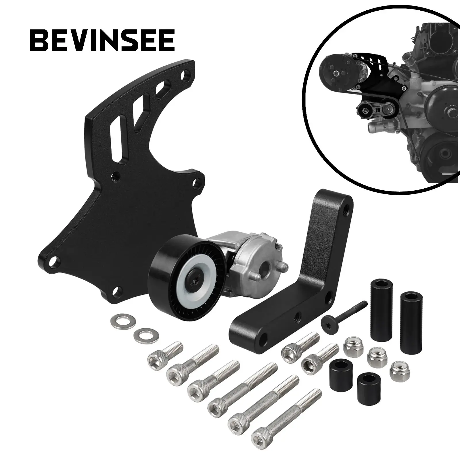 

BEVINSEE LS Truck A/C Compressor Bracket W/Tensioner Kit For Sanden 508 for Chevy GMC 4.8 5.3 6.0 6.2L SUV Truck Engine