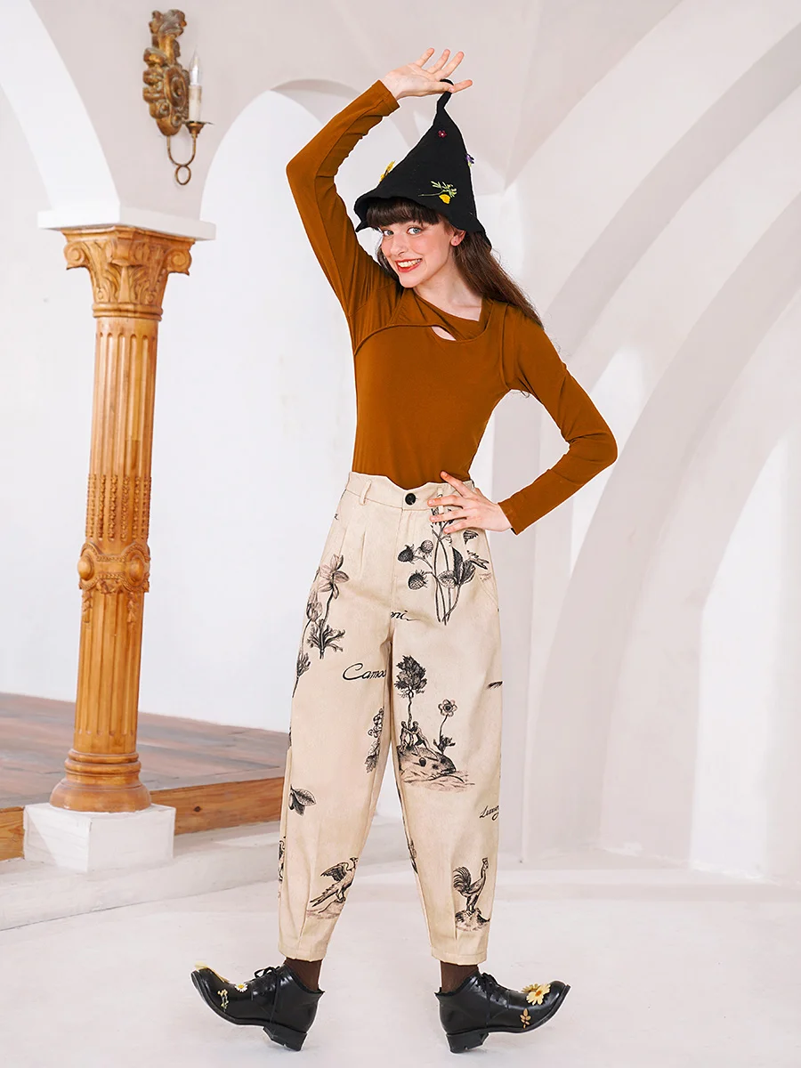 Women\'s Casual Plant Patterned Pencil Pants,Autumn