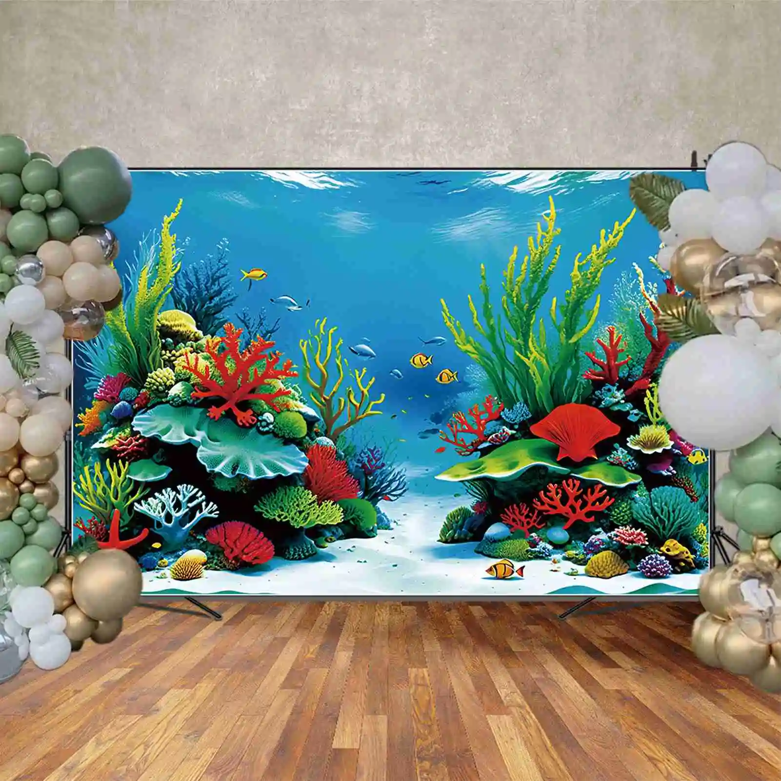 MOON.QG Summer Sea Water Birthday fondale per bambini Green Grass Aquarium Red Coral Background puntelli per fotochiamate per feste personalizzati
